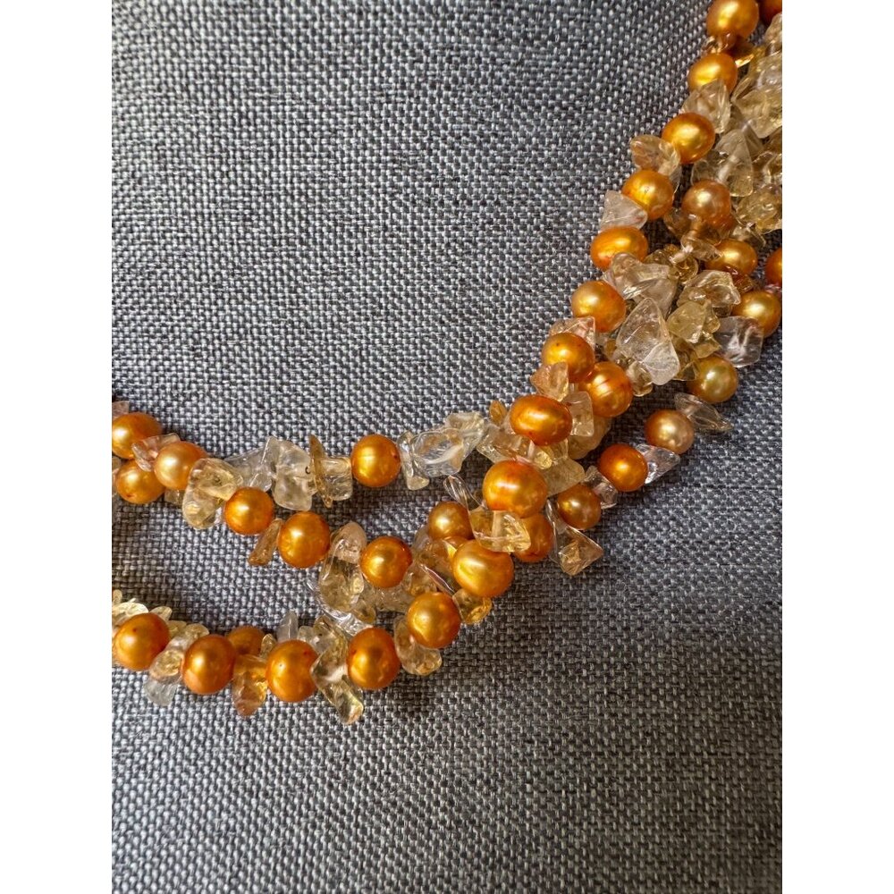 Sterling Triple Strand 18" Necklace With Golden Pearls Quartz Beads - Picture 2 of 5